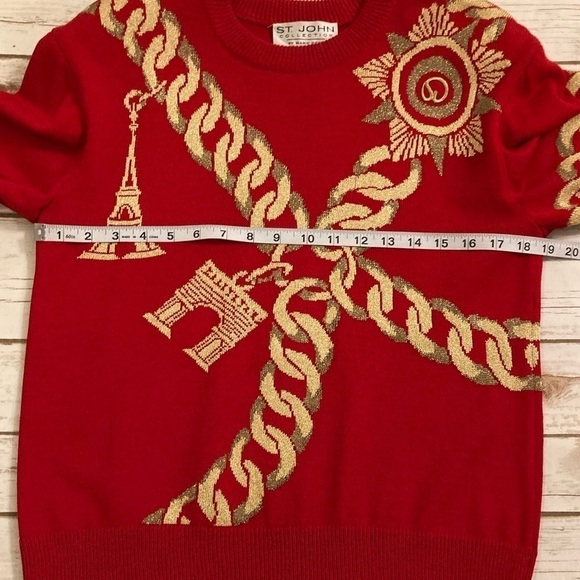 St. John Collection Red/Gold Embroidered Paris Chain Santana Knit Sweater Size 2 - Picture 3 of 12